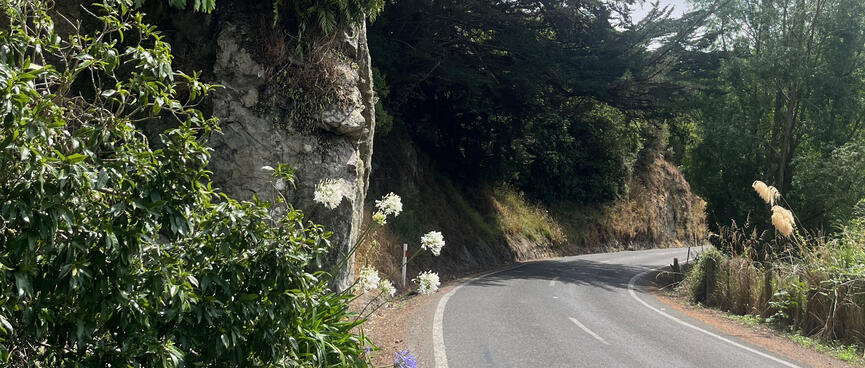 A natural stone wall at the bend of the road.