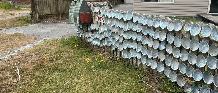 Pāua shells cover the fences of house number 1072.