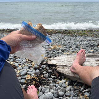 Resting my bare feet on beach pebbles and driftwood while eating a peanut butter sandwich.