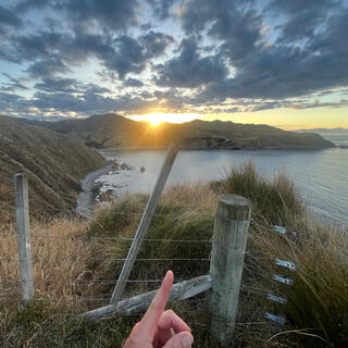 A finger points at a reinforced section of the fence. The coastline extends in the distance.