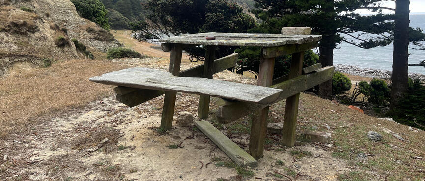 A rickity DIY picnic table near the two buildings.