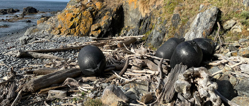 A few black buoys lying in a pile of driftwood.