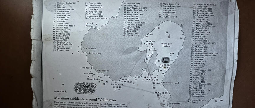 A map showing the locations of maritime accidents around Wellington.