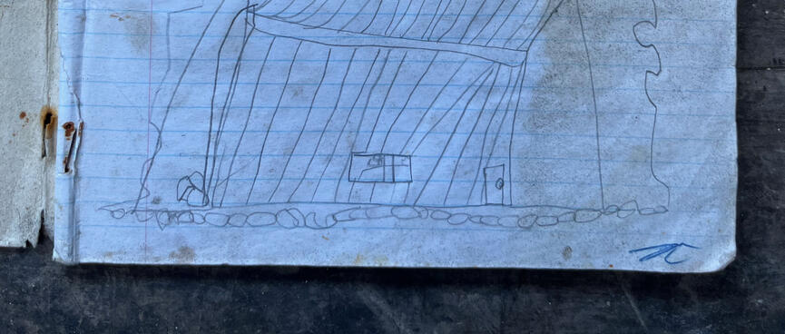 A pencil sketch by Joel Denison, depicting the sun shining on the wooden frontage of the cave.