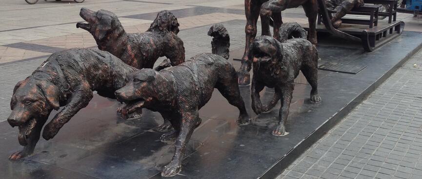 Bronze statues of four dogs and a horse, pulling the same man.