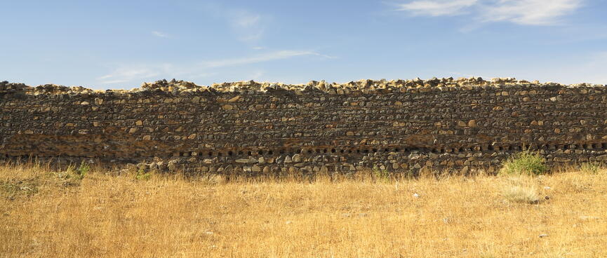 A stone wall separates the blue sky from the dry yellow grass.
