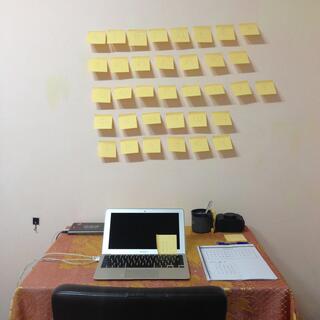 35 yellow sticky notes on the wall above my work desk.