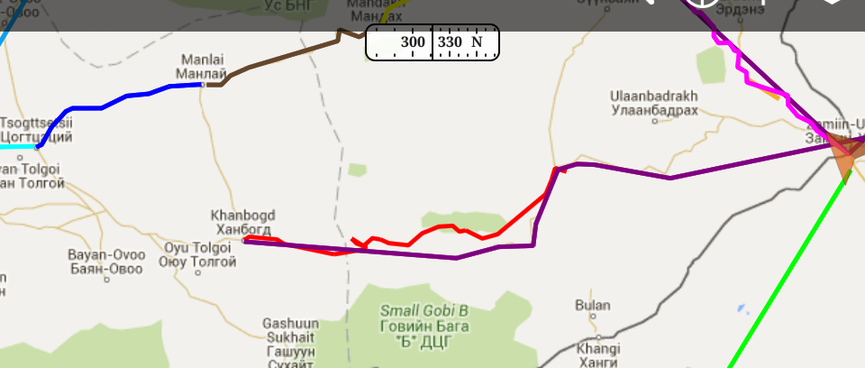 Screenshot from an Android mapping app showing various coloured lines converging at Zamiin-Uud..