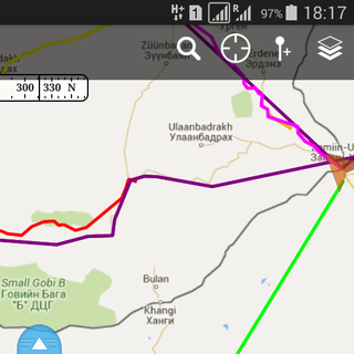 Screenshot from an Android mapping app showing various coloured lines converging at Zamiin-Uud..