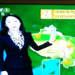 Still frame of a TV weather programme showing a Chinese woman dressed in a suit and floral blouse pointing to sun and cloud icons on a map of China.
