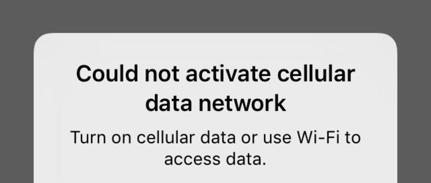 Screenshot from iOS showing a Chinese 3G connection and the alert ʼCould not activate cellular data networkʼ.