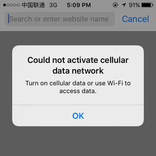 Screenshot from iOS showing a Chinese 3G connection and the alert ʼCould not activate cellular data networkʼ.
