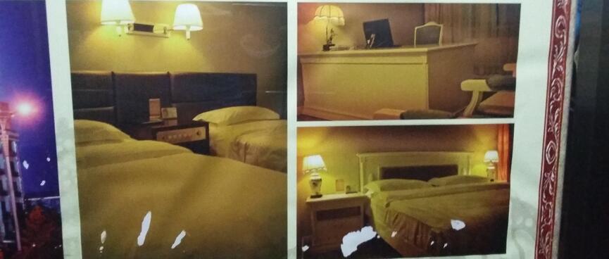 Three photos of cream coloured bedroom furniture lit by lamps.