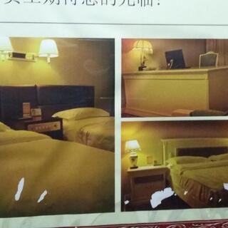 Three photos of cream coloured bedroom furniture lit by lamps.