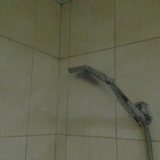 Water sprays from a shower head.