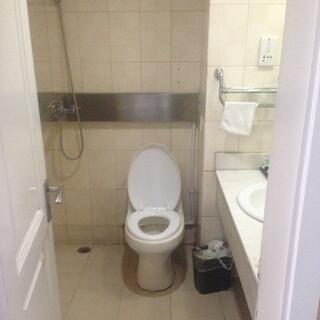 Tiled bathroom with toilet, basin and shower.