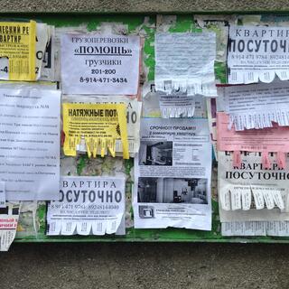 Real estate, printed and handwritten advertisements on a noticeboard, in Chita.