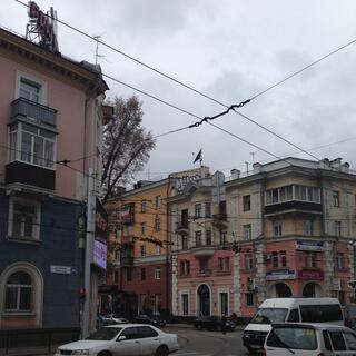 Pastel low-rise apartments in the center of old Irkutsk.