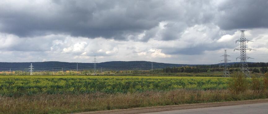 Power pylons in green fields.