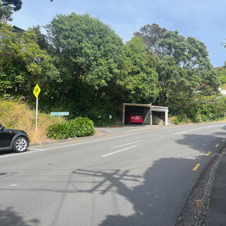A surburban street with garages and a street sign.