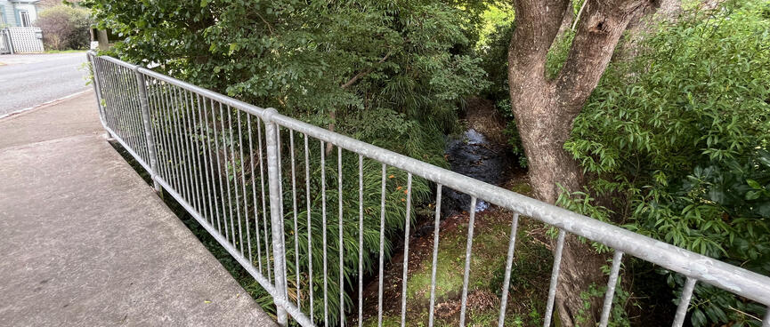 A small creek runs underneath the bridge.