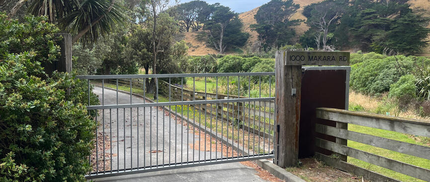 A solid metal gate blocks a driveway.