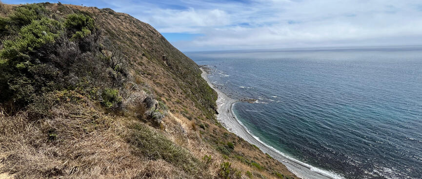 Looking down the steep hillside to the grey beach below.