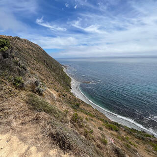 Looking down the steep hillside to the grey beach below.