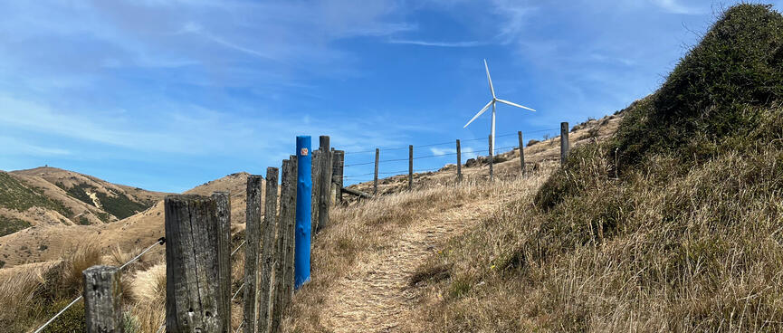 A wood and wire fence on the side of a steep path.