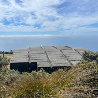 Square concrete panels cover the slightly slanted roof of the plus-shaped bunker.