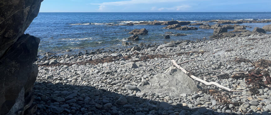 Viewing the beach from the shade of a shallow cave.
