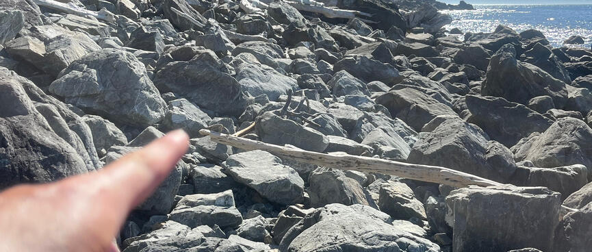 The full width of the coastline is covered with a thick jumble of small boulders.