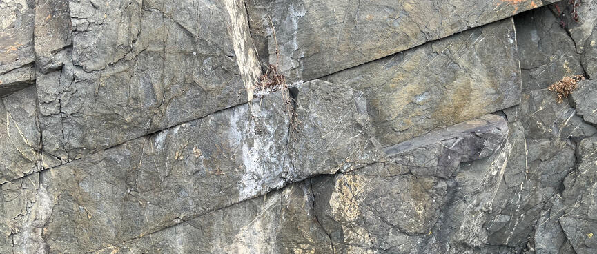 A cross section of rock shows that layers of rock have moved in different directions.