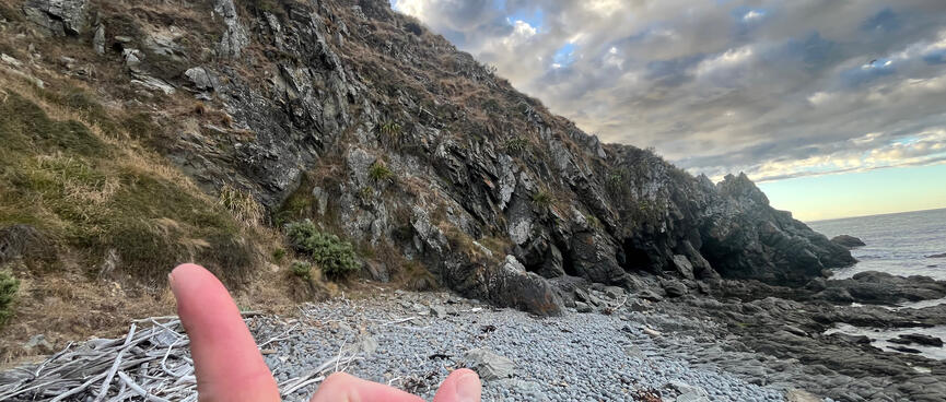 A finger points at the grassy bank to the left of the obstacle.