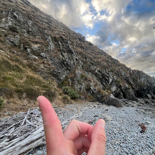 A finger points at the grassy bank to the left of the obstacle.