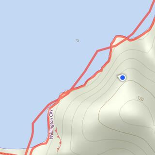 A screenshot from the iPhone app MapOut, showing the topography of the surrounding hills with colours and shading.
