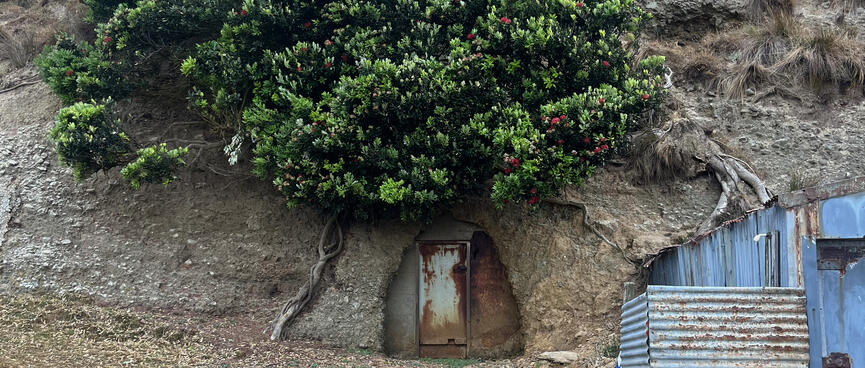 A metal door leads inside the hillside.