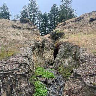 Water seeps through a hole in the land underneath the buildings.