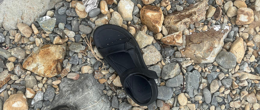 A black sandal lies face down on the rocky beach.