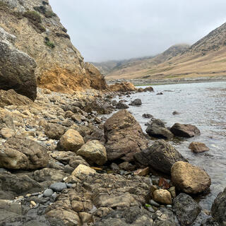 A rocky coastline with limited walking space.