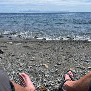 Wet legs and feet near the waterline.