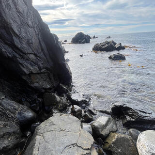 A rock face at the waterʼs edge.