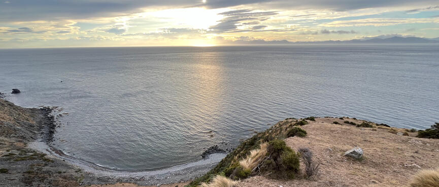 Looking down to a bay from the edge of a steep descent.