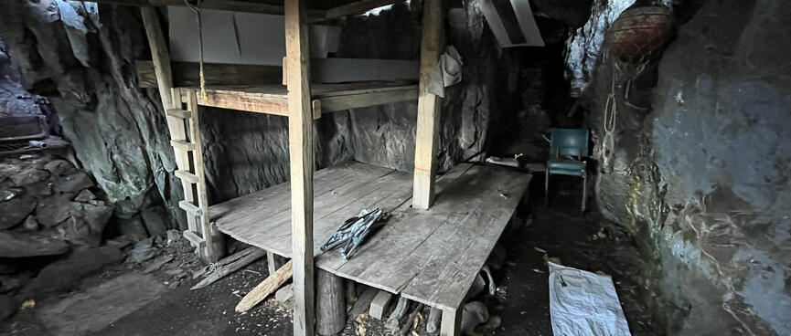 A low wooden platform and bunkbed frame with ladder.