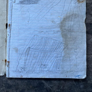 A pencil sketch by Joel Denison, depicting the sun shining on the wooden frontage of the cave.