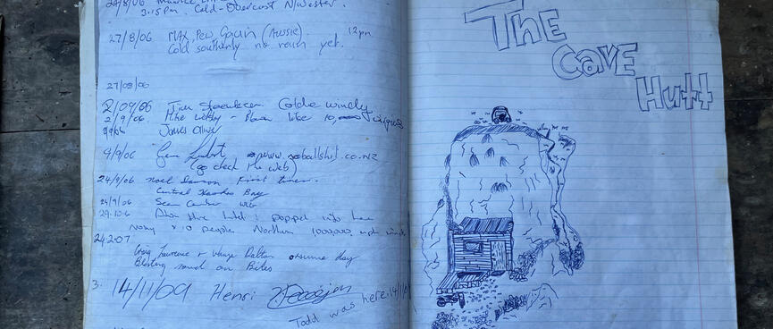 A pen drawing  by Joel Denison aged 12, depicting the wooden frontage of the cave and its deck.