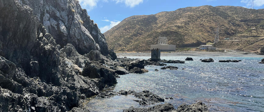 Exposed rocks and rockpools near a rock cliff.