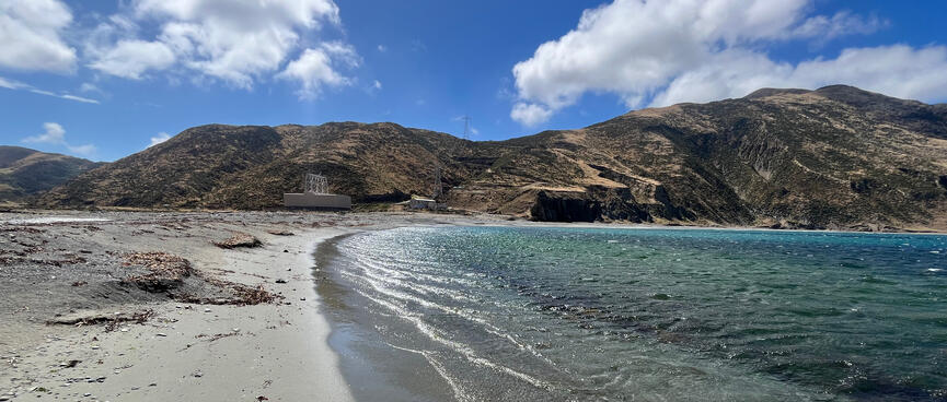 The curving waterline on a sandy coastline.