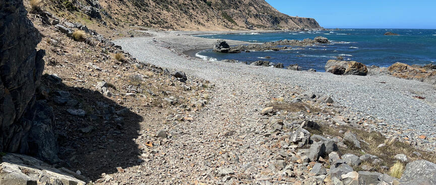 A wide pebbly path runs around the bay.
