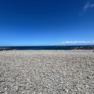 A pebbly beach and the sea beyond it.